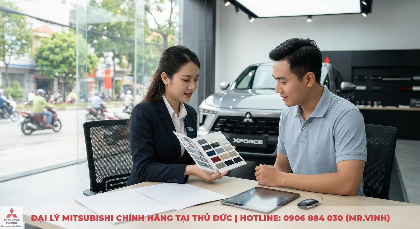 Màu xe Xforce 2026: Cập nhật mới nhất & chọn màu hợp mệnh 4 Nhân viên Mitsubishi Sài Gòn 3S tư vấn bảng màu Mitsubishi Xforce 2026 cho khách hàng đặt cọc tại Thủ Đức, TP.HCM