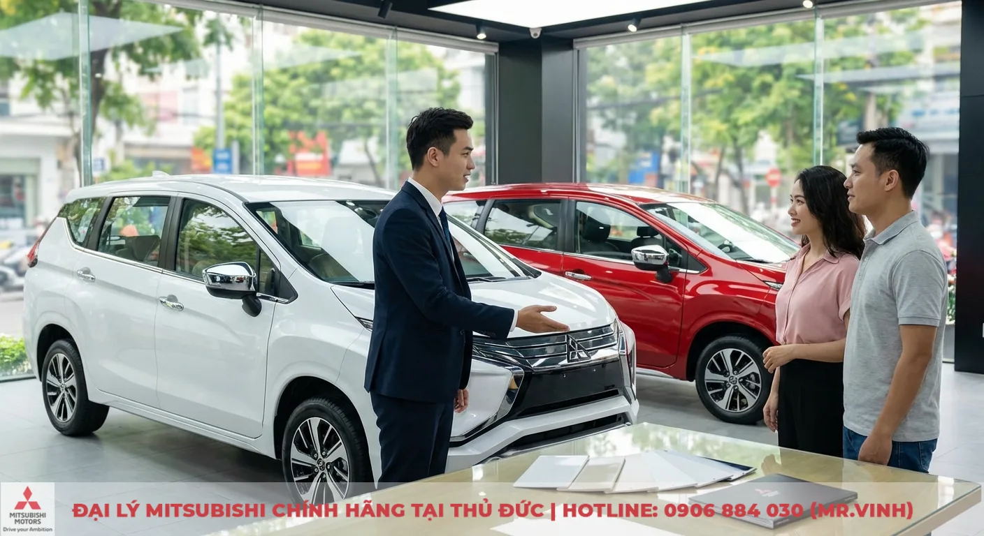 Màu xe Xpander 2026: Bảng màu dự kiến và tư vấn chọn màu hợp mệnh 2 Nhân viên tư vấn giới thiệu màu xe Xpander trắng đỏ cho cặp đôi, giúp họ chọn màu hợp phong thủy và cá tính
