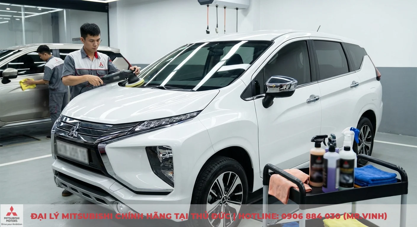 Màu xe Xpander 2026: Bảng màu dự kiến và tư vấn chọn màu hợp mệnh 3 Chăm sóc màu sơn xe Xpander 2026 chuyên nghiệp với nhân viên đang đánh bóng xe bằng máy, giữ gìn độ bền đẹp
