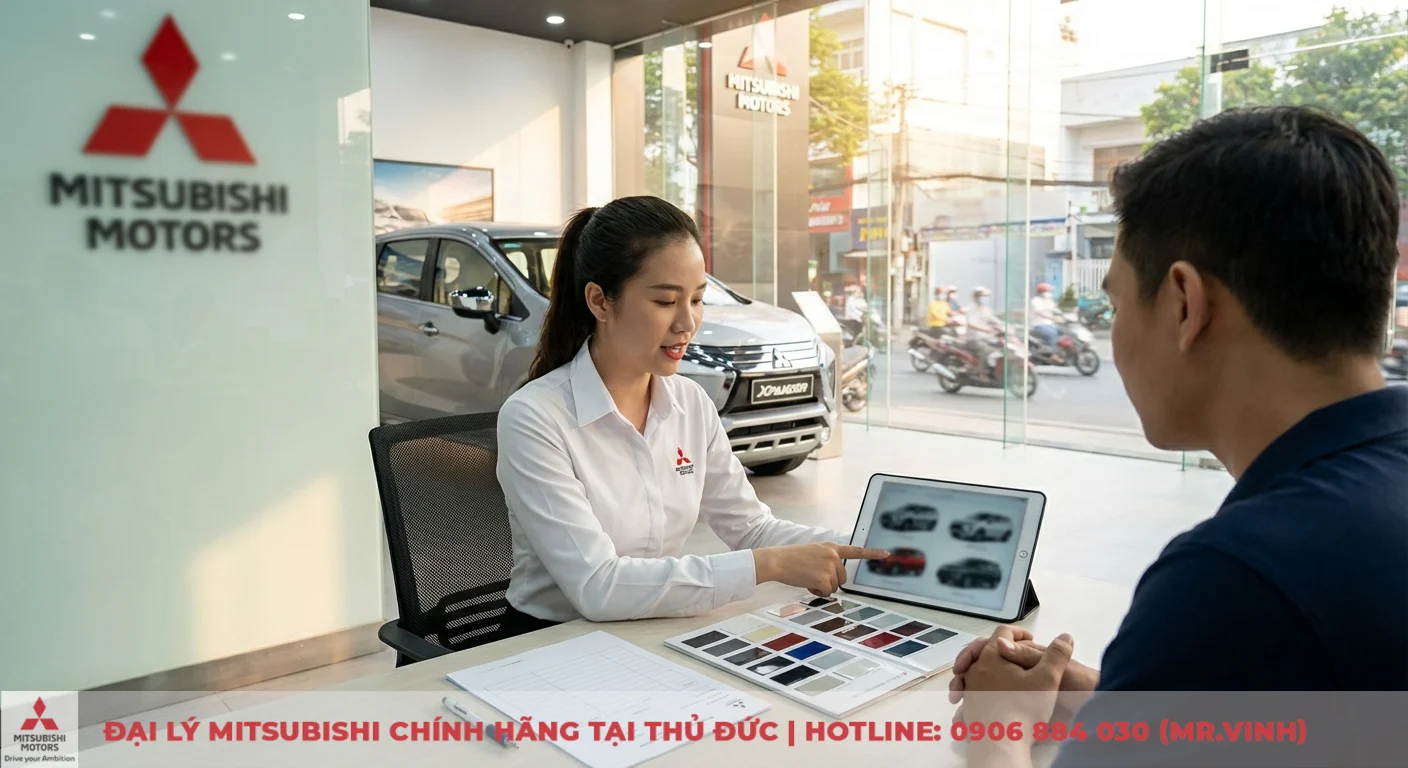 Màu xe Xpander 2026: Bảng màu dự kiến và tư vấn chọn màu hợp mệnh 4 Nhân viên Mitsubishi Saigon 3S tư vấn thông tin màu xe Xpander 2026 qua máy tính bảng cho khách hàng
