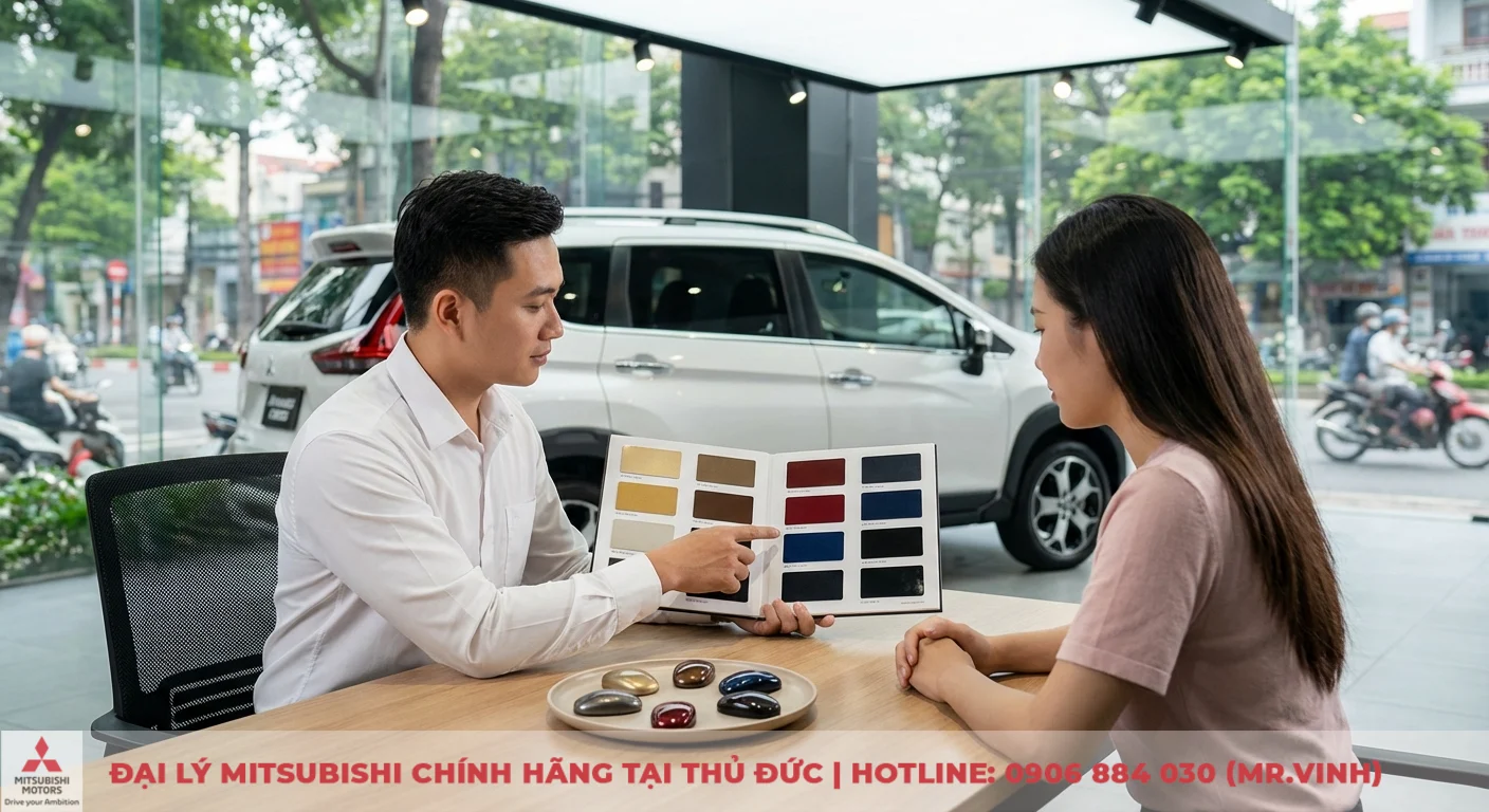 Màu xe Xpander Cross 2026: Dự đoán xu hướng & lựa chọn hot nhất 2 Khách hàng cùng nhân viên tư vấn chọn màu xe Xpander Cross 2026 từ bảng màu và mẫu sơn hợp phong thủy, cá tính