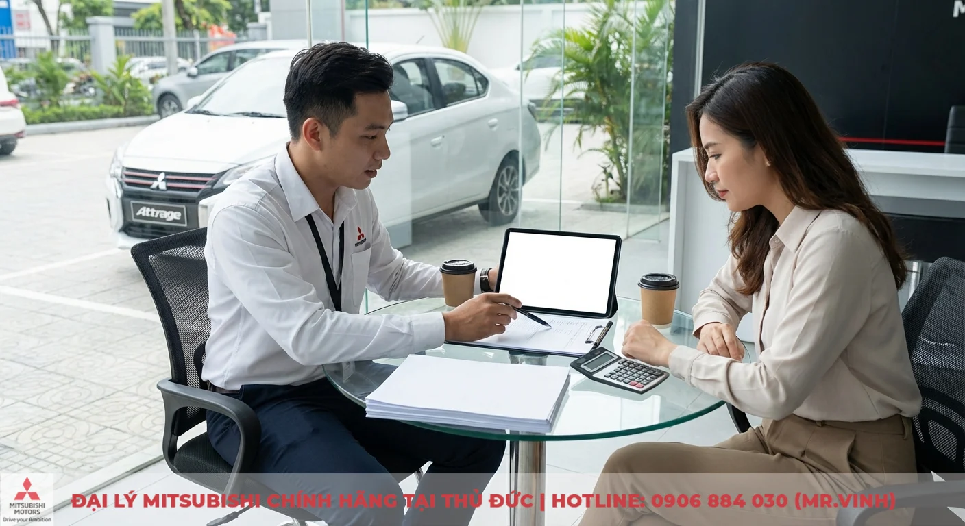 Mitsubishi Attrage 2026 trả góp: Cập nhật giá lăn bánh & ưu đãi TP.HCM 1 Tư vấn viên Mitsubishi hướng dẫn khách hàng về giá lăn bánh trả góp của Attrage 2026 ở TP.HCM