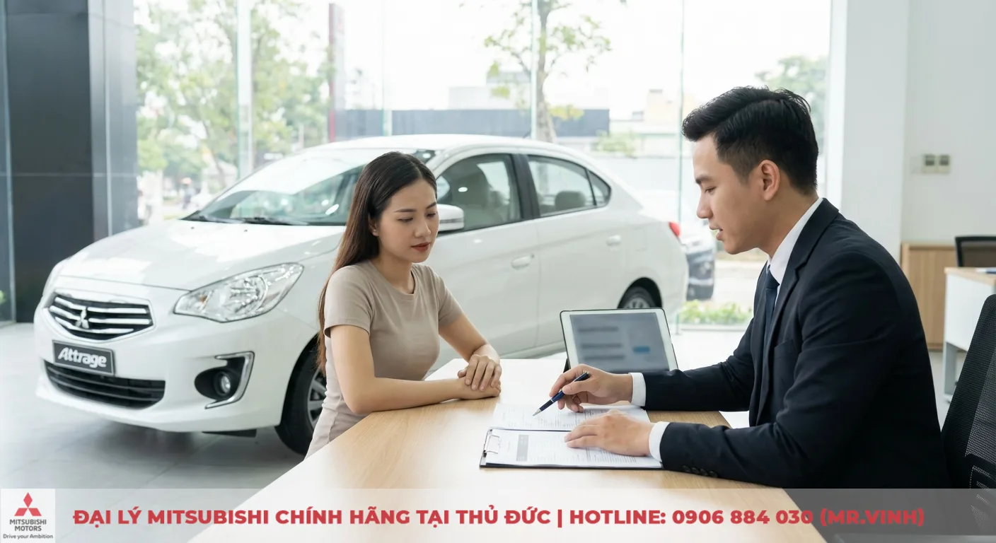 Mitsubishi Attrage 2026 trả góp: Cập nhật giá lăn bánh & ưu đãi TP.HCM 2 Khách hàng và nhân viên tư vấn xem bảng tính Mitsubishi Attrage 2026 trả góp chi tiết khoản trả trước, trả hàng tháng tại showroom
