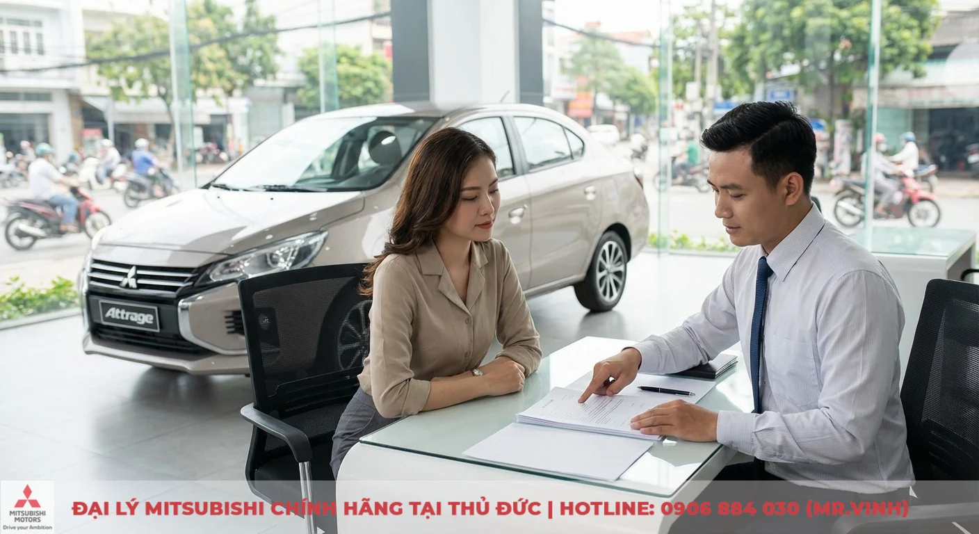 Mitsubishi Attrage 2026 trả góp: Cập nhật giá lăn bánh & ưu đãi TP.HCM 3 Nhân viên Mitsubishi Saigon 3S tư vấn khách hàng về thủ tục mua Mitsubishi Attrage 2026 trả góp tại showroom