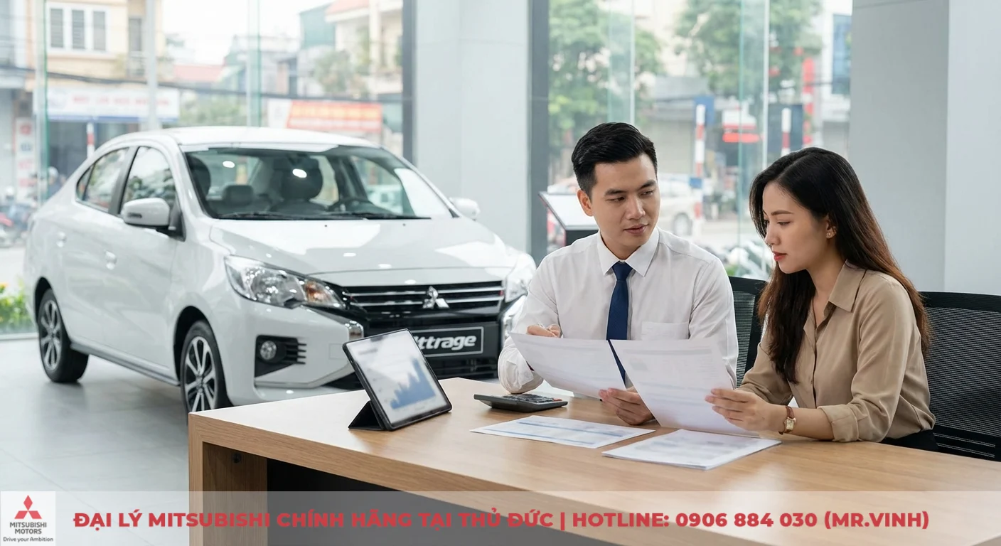 Mitsubishi Attrage 2026 trả góp: Cập nhật giá lăn bánh & ưu đãi TP.HCM 4 Khách hàng và chuyên viên tư vấn tài chính đang so sánh lãi suất gói vay mua xe Attrage từ các ngân hàng