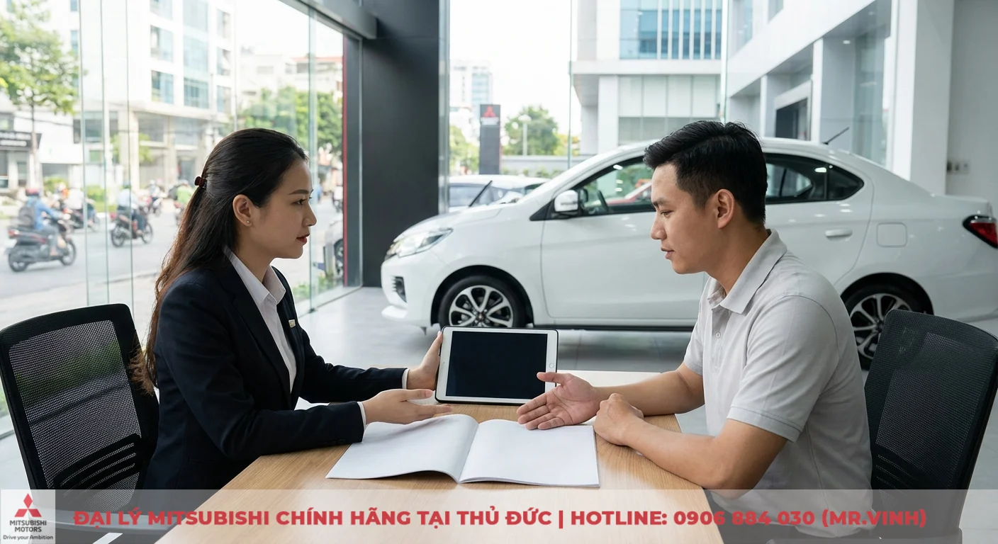 Mitsubishi Attrage CVT 2026: Giá, lăn bánh, thông số & đánh giá 3 Mitsubishi Attrage màu trắng được tư vấn về hệ thống an toàn và tính năng nổi bật trong showroom