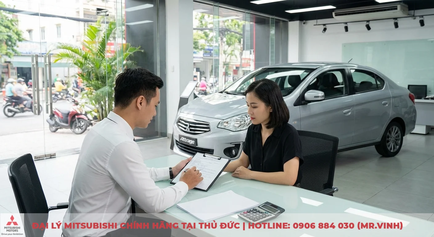 Mitsubishi Attrage CVT 2026: Giá, lăn bánh, thông số & đánh giá 2 Khách hàng và nhân viên đại lý Mitsubishi trao đổi hợp đồng mua Attrage CVT 2026, tính giá lăn bánh và ưu đãi trả góp tại TP.HCM