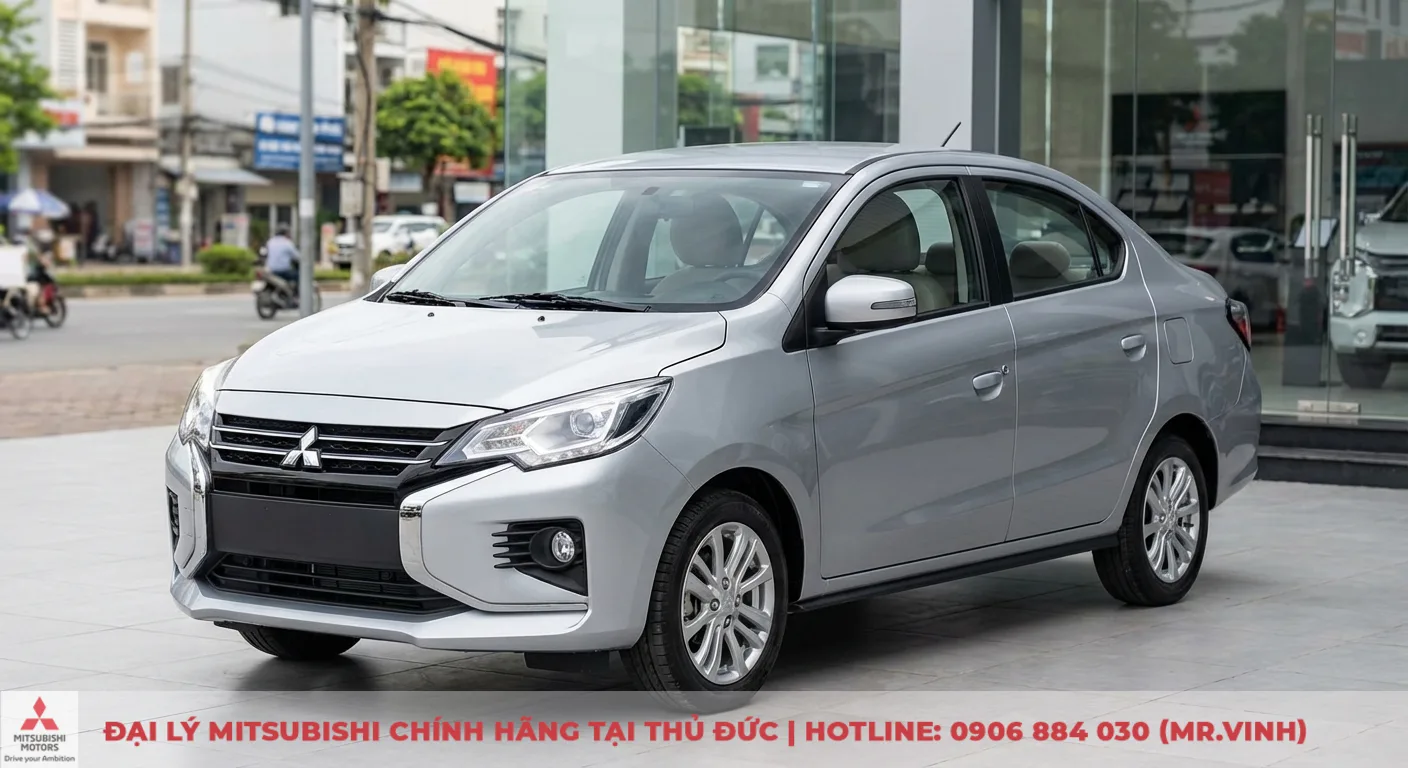 Mitsubishi Attrage MT 2026: Cập nhật giá, lăn bánh và trang bị mới 1 Mitsubishi Attrage MT 2026 màu bạc với thiết kế Dynamic Shield hiện đại, cụm đèn LED sắc sảo phía trước