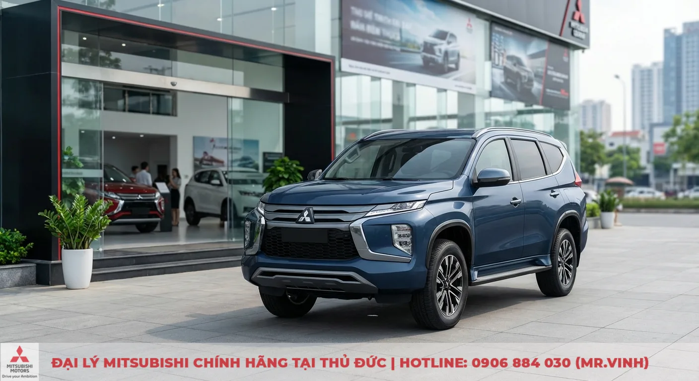 Mitsubishi Destinator 2026 trả góp tại TP.HCM: Bảng giá, lãi suất ưu đãi 1 Chiếc SUV Mitsubishi mới màu xanh lam đỗ tại quảng trường trước đại lý Mitsubishi hiện đại, có người và xe khác bên trong