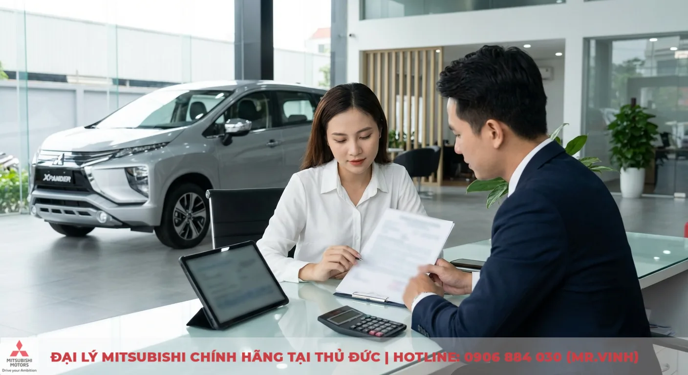 Mitsubishi Destinator 2026 trả góp tại TP.HCM: Bảng giá, lãi suất ưu đãi 2 Khách hàng nữ và nhân viên nam xem tài liệu cùng máy tính, máy tính bảng trước xe Mitsubishi Xpander tại showroom