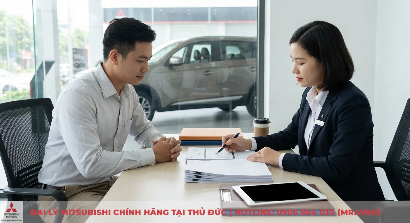 Mitsubishi Destinator 2026 trả góp tại TP.HCM: Bảng giá, lãi suất ưu đãi 3 Một phụ nữ và một người đàn ông đang ngồi tại bàn, người phụ nữ hướng dẫn ký hồ sơ vay mua xe Mitsubishi trong showroom