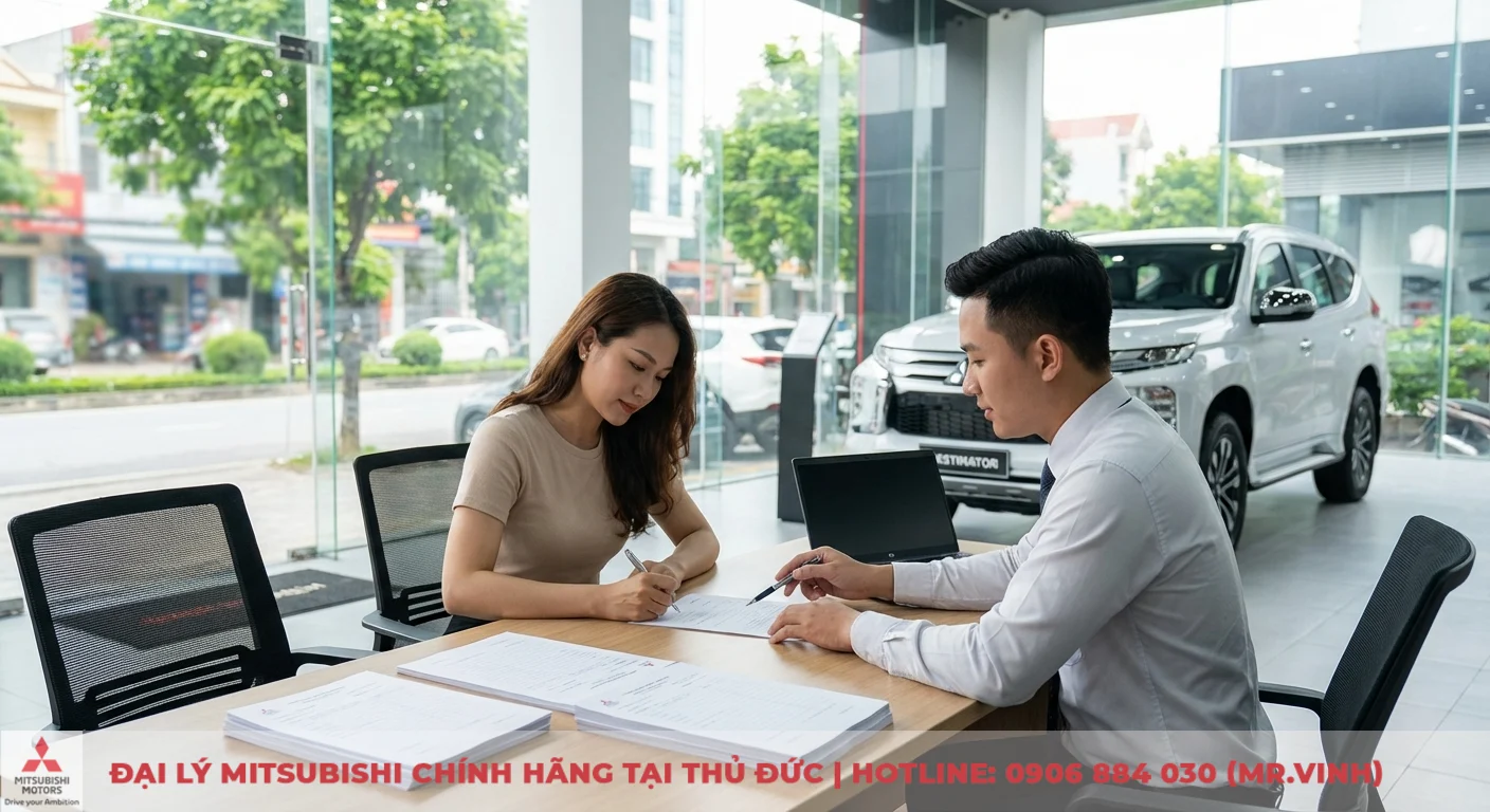 Mitsubishi Destinator 2026 trả góp tại TP.HCM: Bảng giá, lãi suất ưu đãi 4 Một phụ nữ ký hợp đồng mua xe với nhân viên bán hàng nam tại bàn trong showroom, nhiều xe SUV trắng phía sau