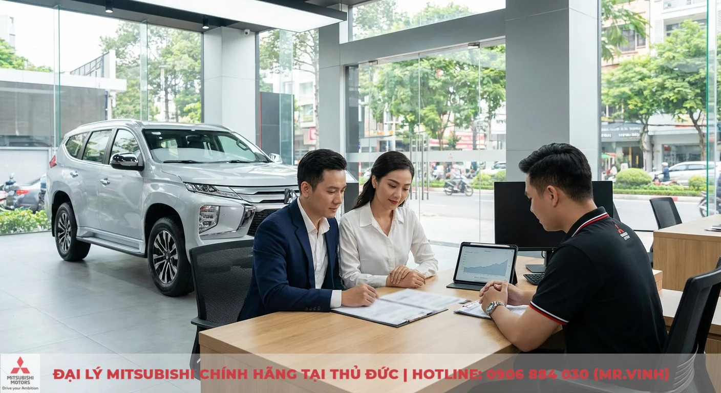 Mitsubishi Destinator 2026 trả góp tại TP.HCM: Bảng giá, lãi suất ưu đãi 5 Khách hàng và nhân viên bán hàng tại bàn trong showroom ô tô, xem giấy tờ cùng biểu đồ trên máy tính bảng và SUV bạc