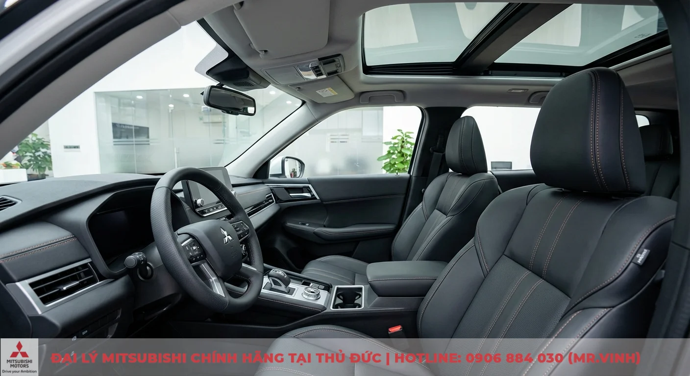 Mitsubishi Destinator Premium 2026: Cập nhật thông số và trang bị 1 Nội thất ô tô sang trọng với ghế da cao cấp, vô lăng, bảng điều khiển trung tâm, và cửa sổ trời panorama, chi tiết đường chỉ thêu