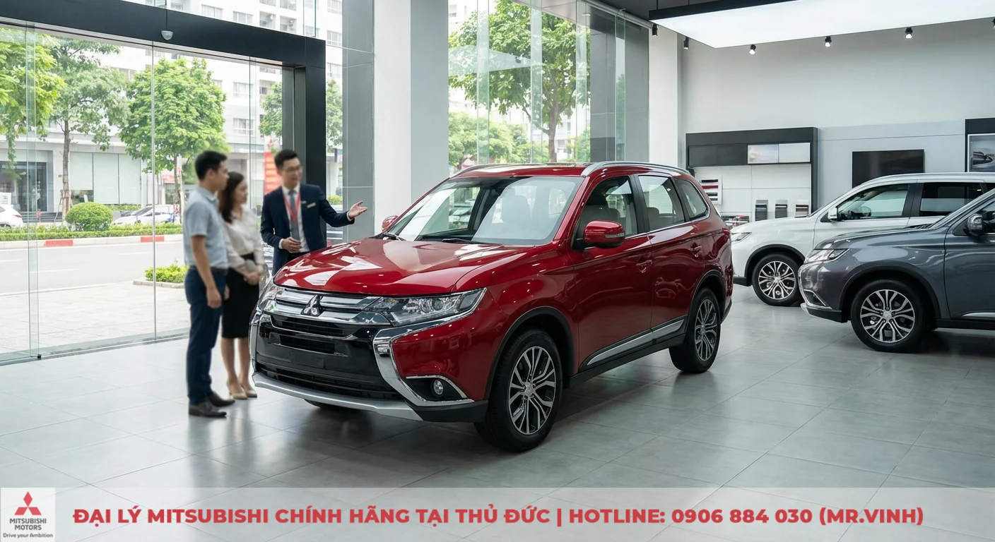 Mitsubishi Destinator Premium 2026: Cập nhật thông số và trang bị 2 Gian hàng trưng bày ô tô với nhân viên đang giới thiệu mẫu xe SUV màu đỏ cho cặp đôi, cùng các phiên bản xe SUV trắng và xám trưng bày