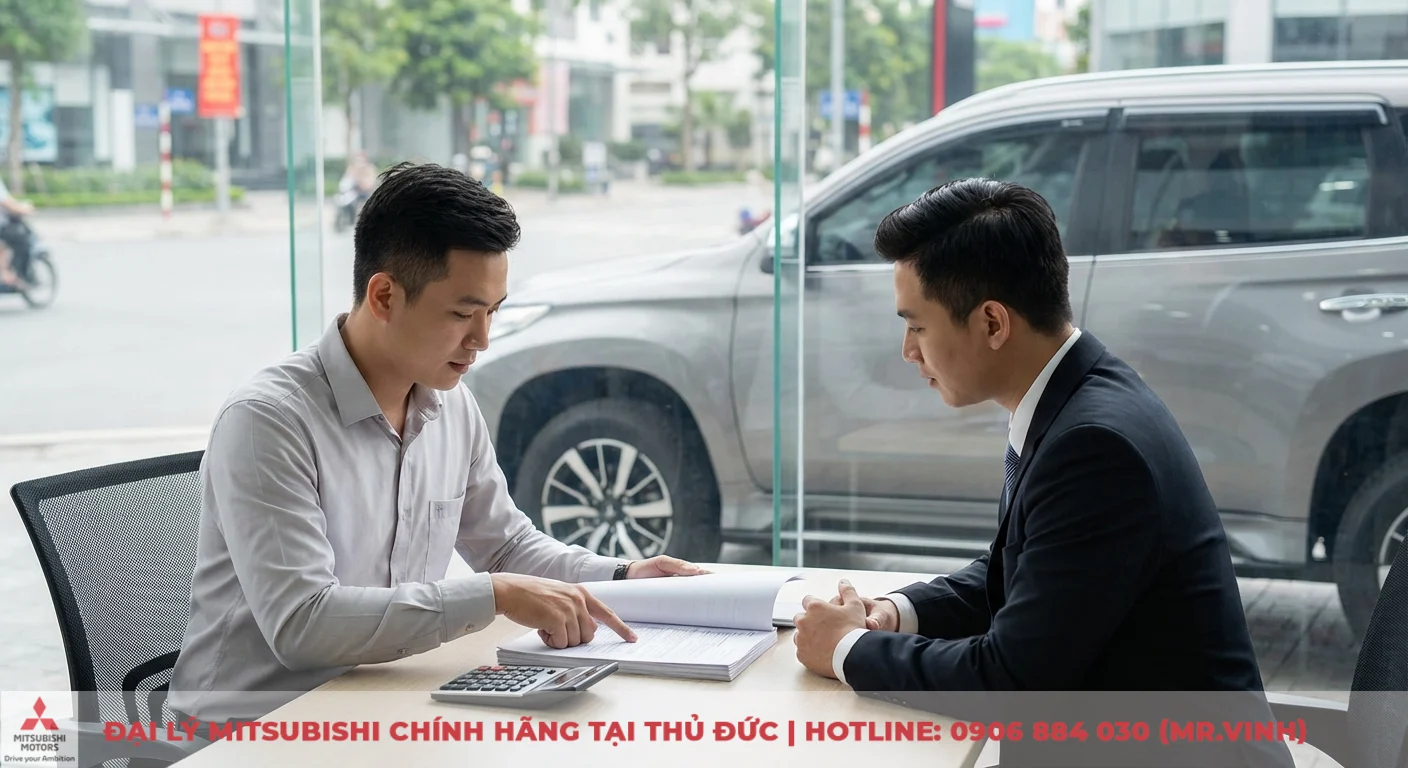 Mitsubishi Destinator Premium 2026: Cập nhật thông số và trang bị 3 Hai người đàn ông đang thảo luận tài liệu cùng máy tính trên bàn, có xe SUV xám qua cửa kính, gợi ý tư vấn mua xe