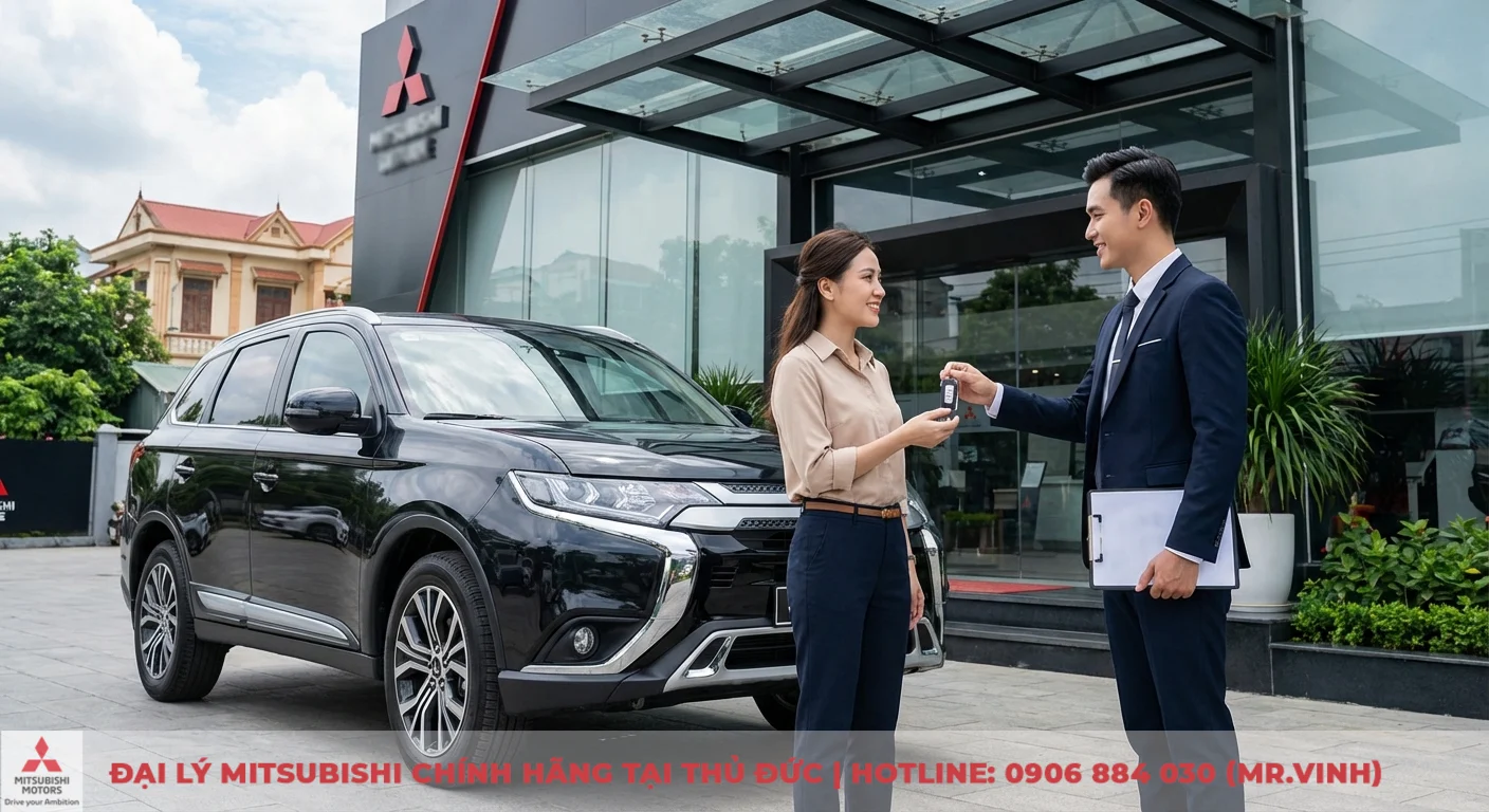 Mitsubishi Destinator Premium 2026: Cập nhật thông số và trang bị 4 Đại lý Mitsubishi Saigon 3S với người đàn ông trao chìa khóa xe Mitsubishi SUV màu đen cho người phụ nữ