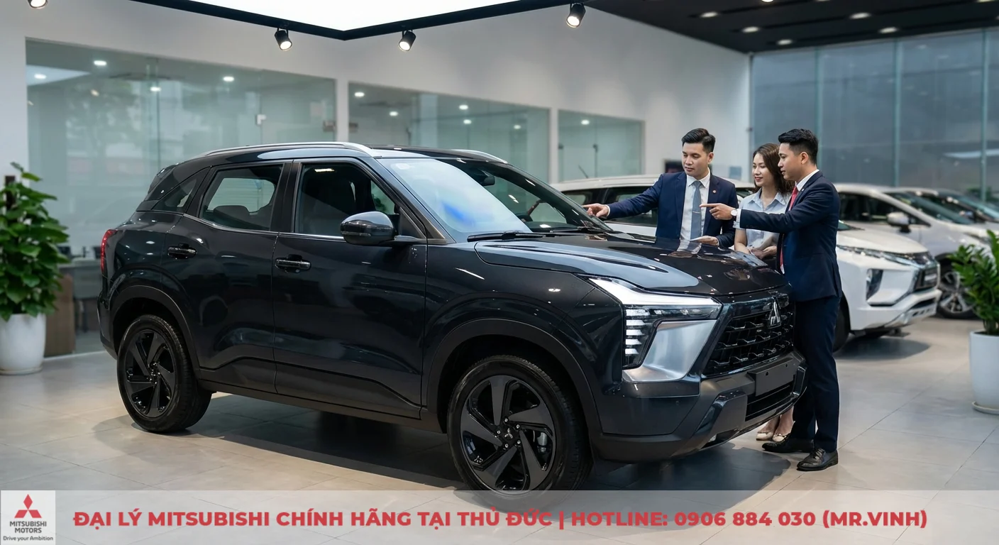 Mitsubishi Destinator Ultimate 2026: Giá, lăn bánh & công nghệ mới 1 Một chiếc SUV Mitsubishi màu xám đậm trong showroom, nhân viên đang giới thiệu xe cho khách hàng, nổi bật với đèn LED sắc sảo và mâm hợp kim đen