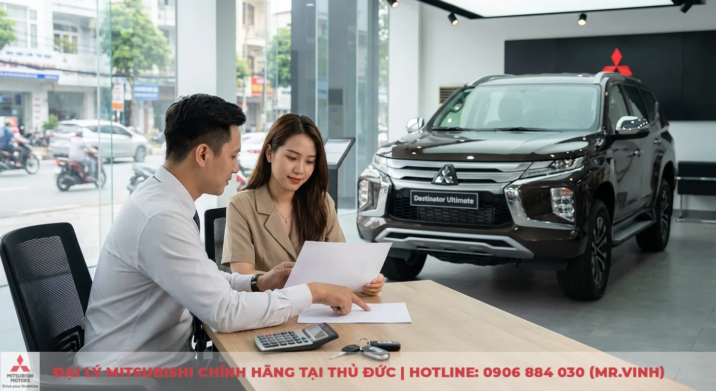 Mitsubishi Destinator Ultimate 2026: Giá, lăn bánh & công nghệ mới 2 Cảnh đại lý ô tô có hai người tại bàn, xem giấy tờ cùng xe Mitsubishi Destinator Ultimate và chìa khóa