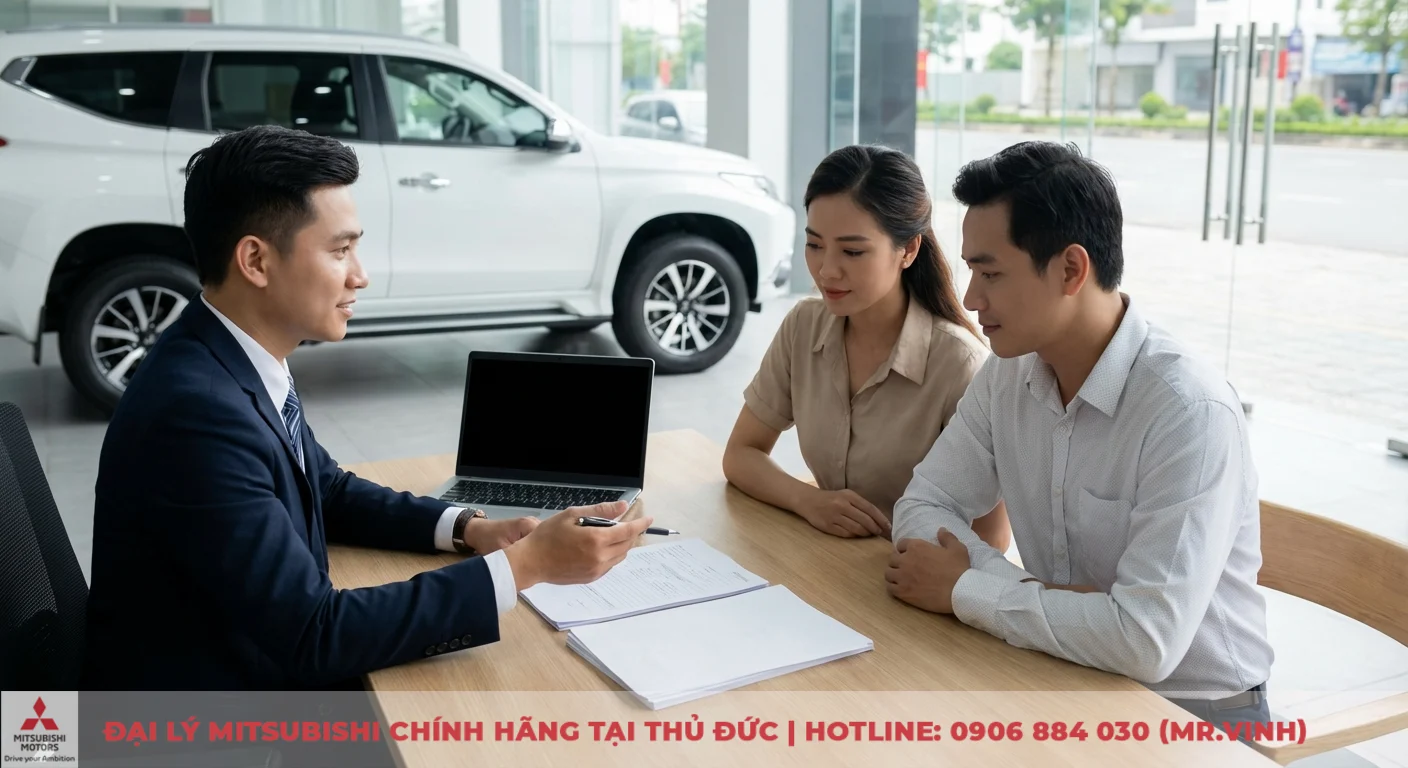 Mitsubishi Destinator Ultimate 2026: Giá, lăn bánh & công nghệ mới 3 Cuộc tư vấn hợp đồng mua xe trả góp giữa nhân viên đại lý và cặp đôi khách hàng, có xe SUV trắng phía sau