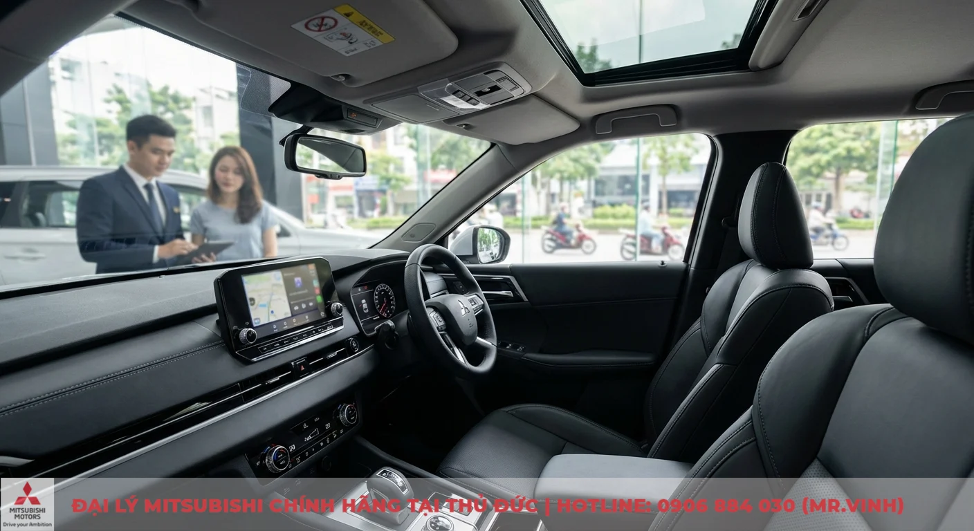 Mitsubishi Destinator Ultimate 2026: Giá, lăn bánh & công nghệ mới 4 Nội thất ô tô cao cấp với ghế bọc da, vô lăng Mitsubishi, màn hình giải trí lớn có định vị và cửa sổ trời toàn cảnh