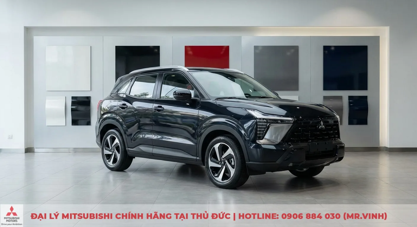 Mitsubishi Destinator Ultimate 2026: Giá, lăn bánh & công nghệ mới 5 Xe SUV Mitsubishi Destinator Ultimate 2026 màu đen bóng đỗ trong showroom trưng bày các mẫu màu trắng, đỏ, xám, xanh đậm trên tường