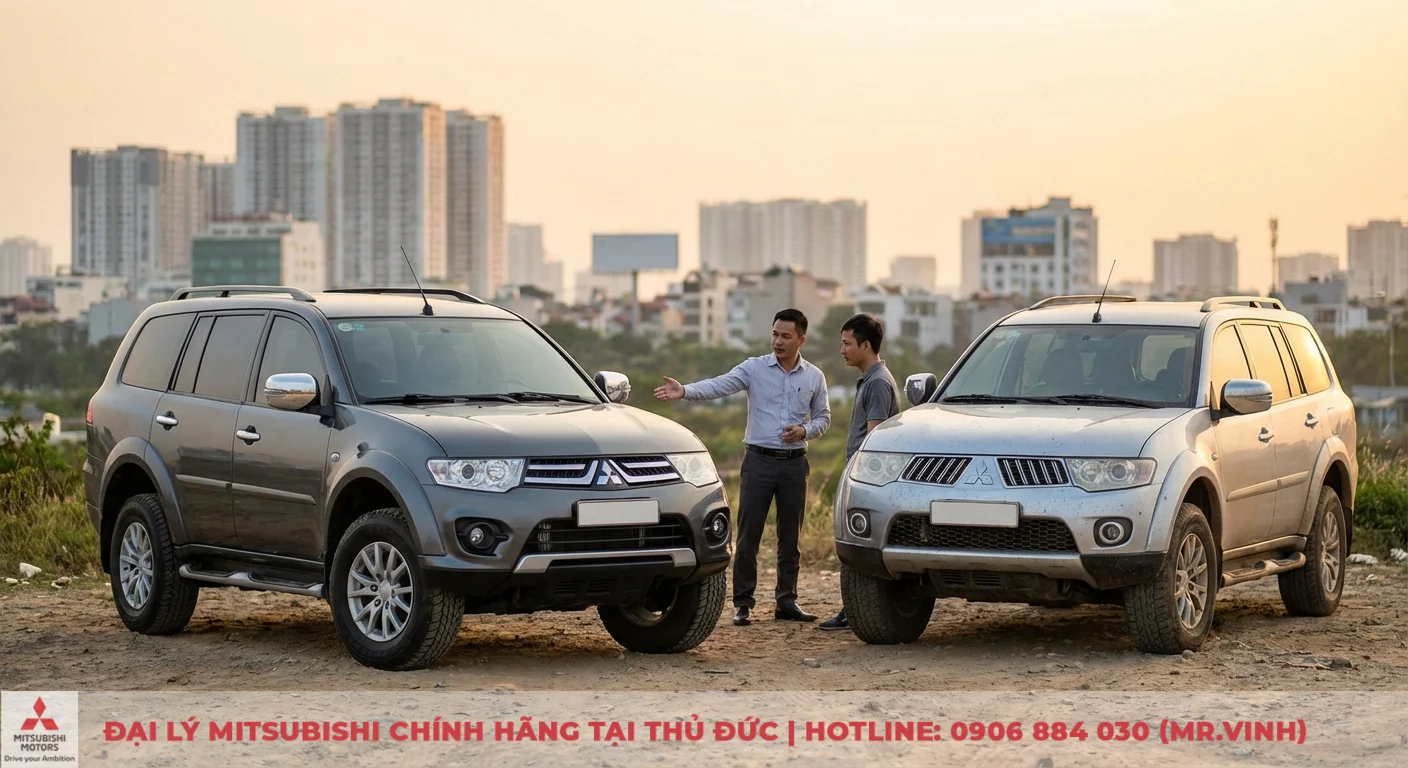 Mitsubishi Destinator Ultimate 2026: Giá, lăn bánh & công nghệ mới 6 Hai chiếc xe SUV Mitsubishi màu xám và bạc được hai người đàn ông đang so sánh, với cảnh quan thành phố phía sau