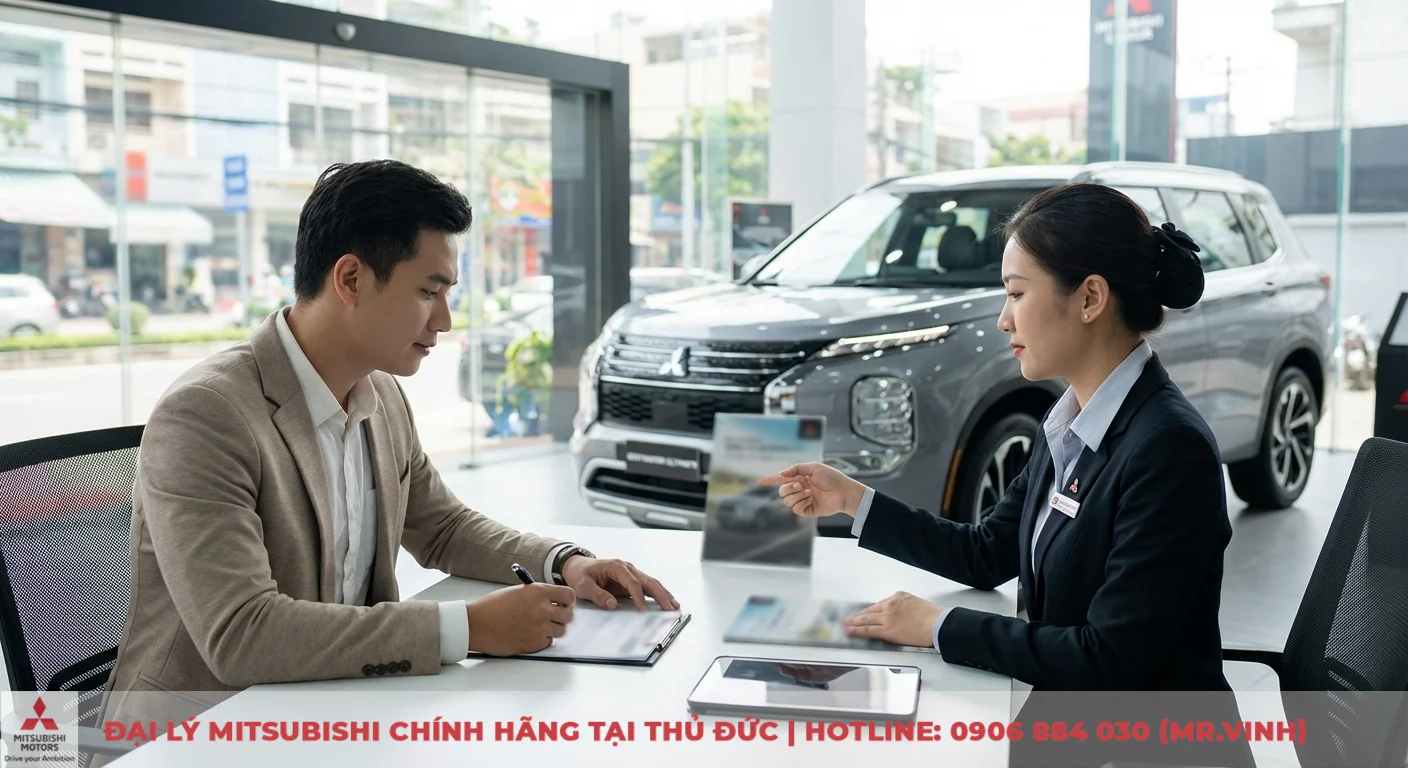 Mitsubishi Destinator Ultimate 2026: Giá, lăn bánh & công nghệ mới 7 Người đàn ông và người phụ nữ ngồi tại bàn trong showroom Mitsubishi, người đàn ông ký giấy tờ, phụ nữ chỉ vào brochure Destinator Ultimate