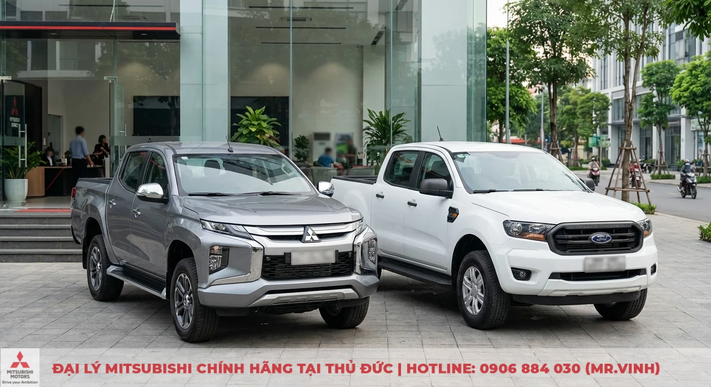 So sánh Mitsubishi Triton 2026 và Ford Ranger: Mẫu xe nào vượt trội hơn? 1 Hai xe bán tải Mitsubishi Triton màu xám và Ford Ranger màu trắng đỗ cạnh nhau trước tòa nhà