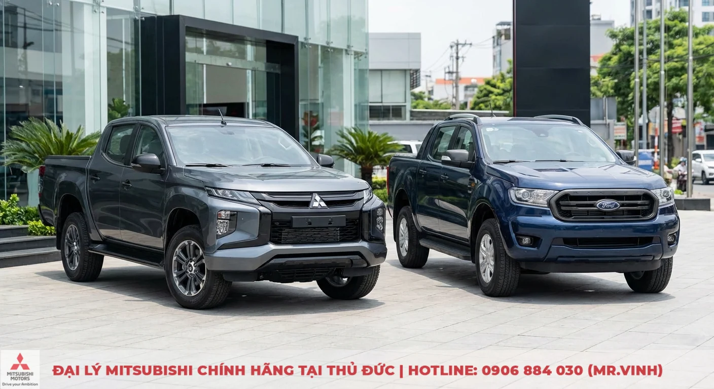 So sánh Mitsubishi Triton 2026 và Ford Ranger: Mẫu xe nào vượt trội hơn? 2 Hai xe bán tải Mitsubishi Triton màu xám và Ford Ranger màu xanh đỗ cạnh nhau trước tòa nhà kính hiện đại