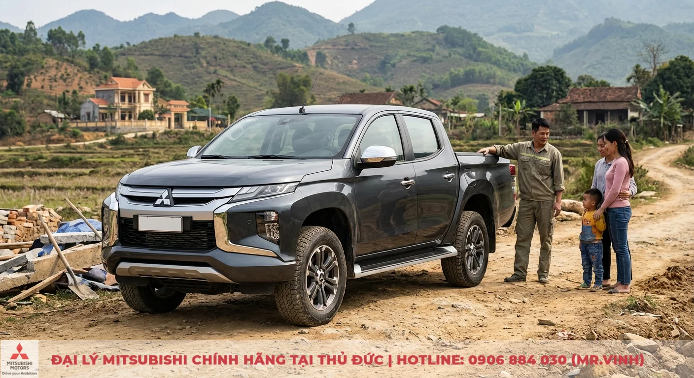 So sánh Mitsubishi Triton 2026 và Ford Ranger: Mẫu xe nào vượt trội hơn? 3 Chiếc xe bán tải Mitsubishi Triton màu xám trên đường đất, bên cạnh là một gia đình Việt và cảnh quan núi rừng nông thôn