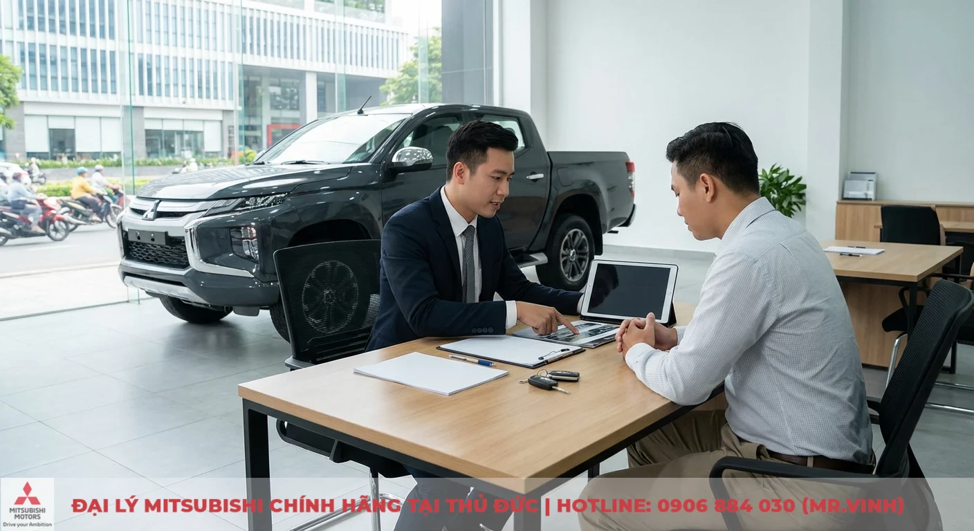 So sánh Mitsubishi Triton 2026 và Ford Ranger: Mẫu xe nào vượt trội hơn? 4 Hai người đàn ông tại showroom Mitsubishi tư vấn mua xe Triton 2026, một người chỉ vào laptop, xe bán tải xám đậu phía sau