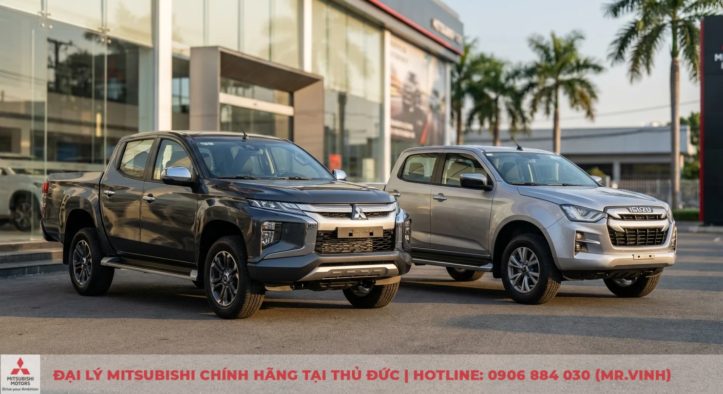 Mitsubishi Triton 2026 vs Isuzu D-Max: So sánh dự kiến chi tiết 1 Hai xe bán tải Mitsubishi Triton màu xám đậm và Isuzu D-Max màu bạc đỗ trước showroom ô tô hiện đại