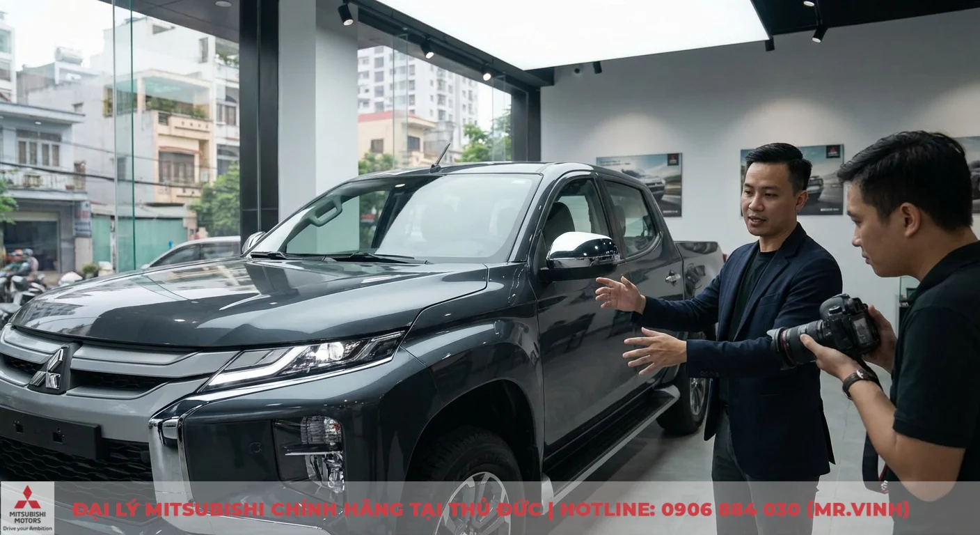 Mitsubishi Triton 2026 vs Isuzu D-Max: So sánh dự kiến chi tiết 2 Hai người đàn ông trong showroom ô tô, một người giới thiệu chiếc bán tải Mitsubishi Triton màu xám đậm với lưới tản nhiệt lớn và đèn pha LED, người kia cầm máy ảnh