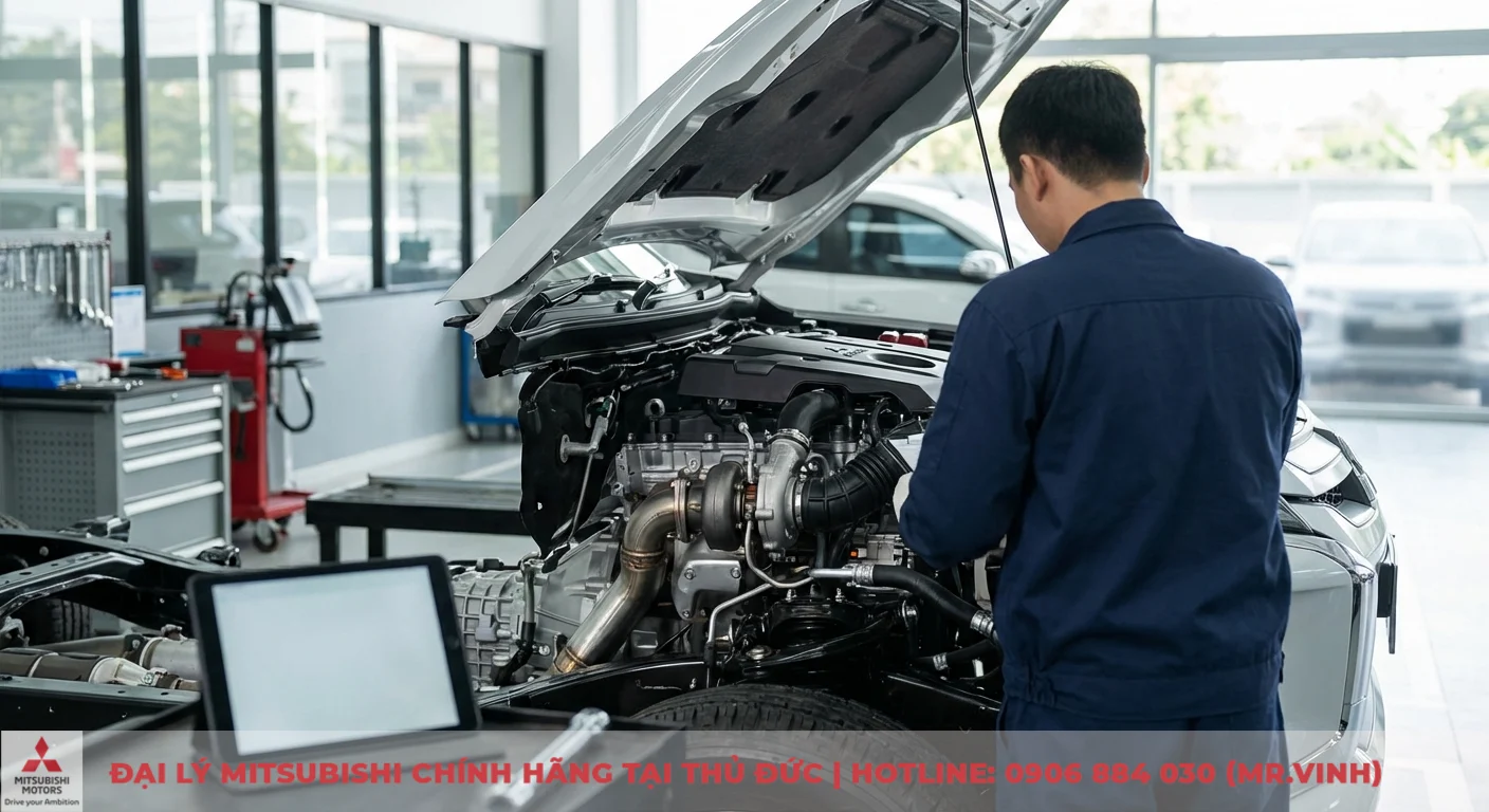 Mitsubishi Triton 2026 vs Isuzu D-Max: So sánh dự kiến chi tiết 3 Kỹ thuật viên mặc đồng phục xanh kiểm tra động cơ turbo của xe hơi mở nắp ca-pô trong xưởng, cạnh máy tính bảng