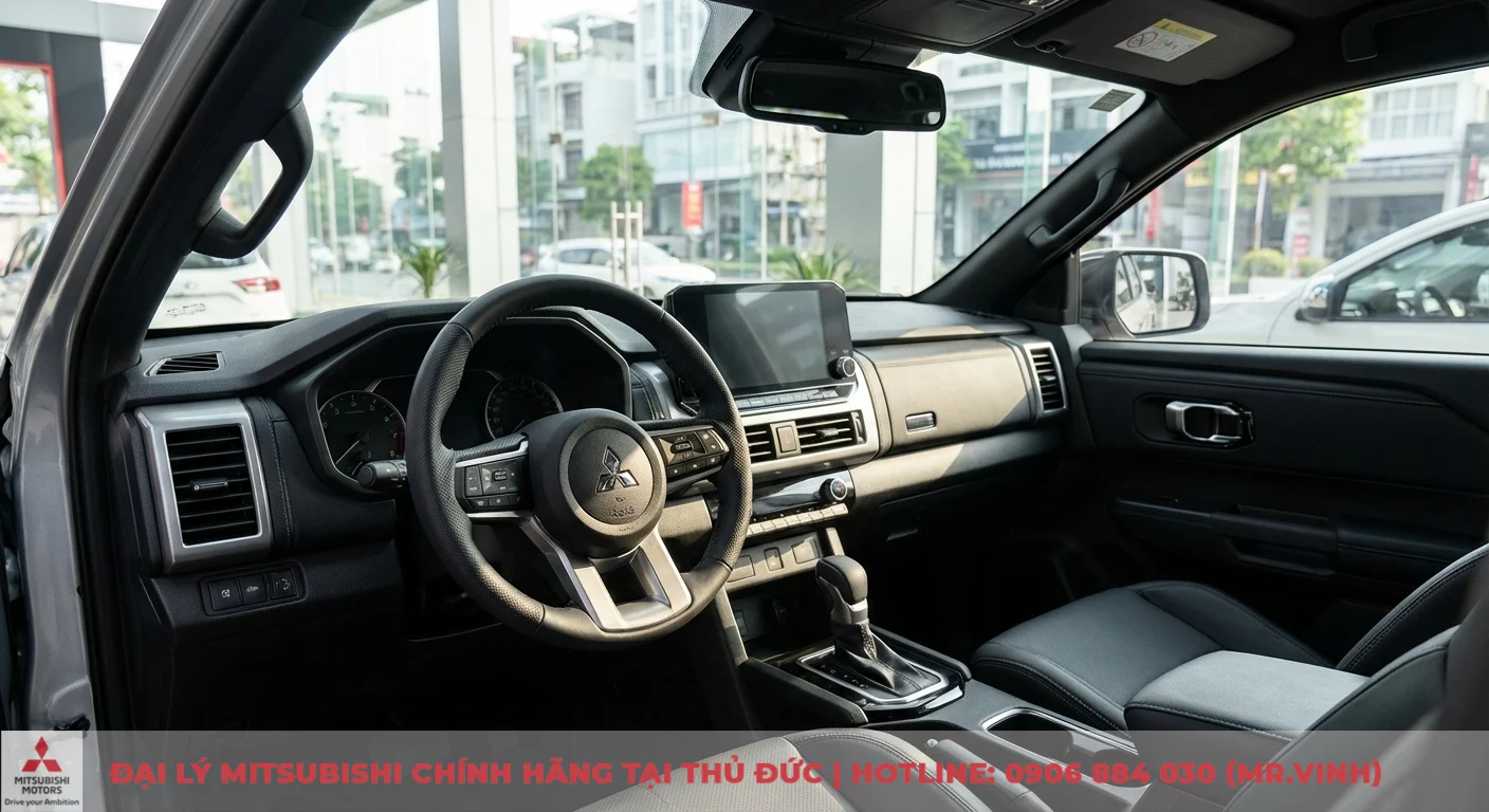 Mitsubishi Triton 2026 vs Isuzu D-Max: So sánh dự kiến chi tiết 4 Nội thất bên trong xe ô tô với vô lăng logo Mitsubishi, màn hình giải trí trung tâm, cần số tự động và ghế da