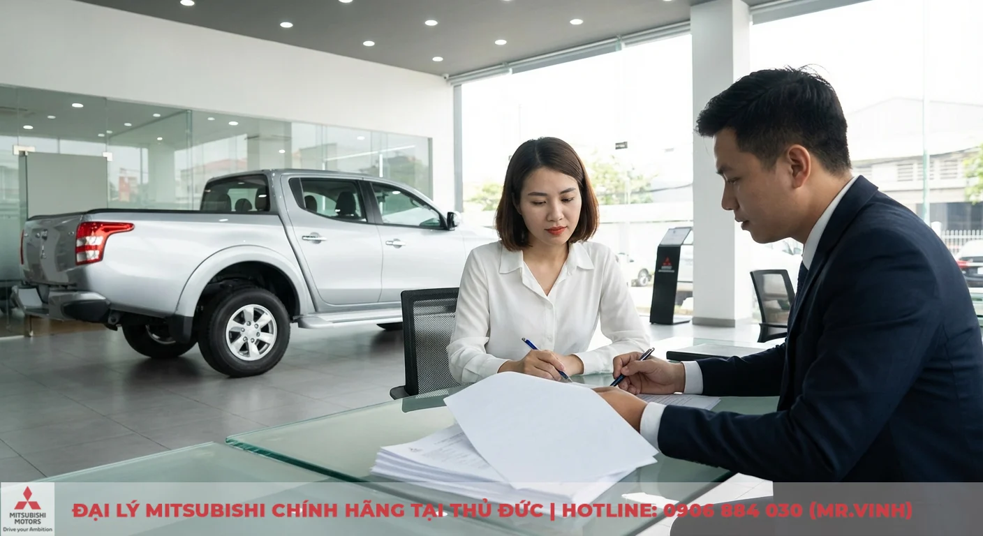 Mitsubishi Triton 2026 vs Isuzu D-Max: So sánh dự kiến chi tiết 5 Người đàn ông và phụ nữ ngồi tại bàn kính ký giấy tờ trong showroom xe hơi, phía sau là chiếc xe bán tải màu bạc