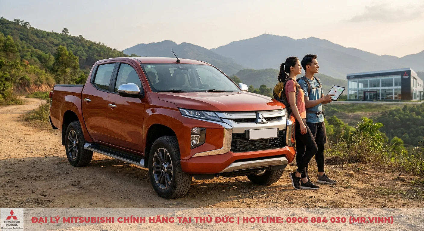 Mitsubishi Triton 2026 vs Isuzu D-Max: So sánh dự kiến chi tiết 6 Mitsubishi Triton màu cam đỗ trên đường đất, cặp đôi du lịch với ba lô và tablet có bản đồ, xa là núi và showroom hiện đại