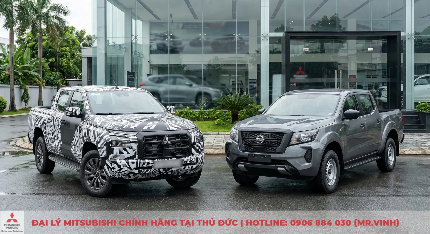 So sánh Mitsubishi Triton 2026 vs Nissan Navara: Thông số, giá lăn bánh dự kiến 1 Hai xe bán tải, một Mitsubishi Triton ngụy trang và một Nissan Navara màu xám, đỗ cạnh nhau trước tòa nhà kính