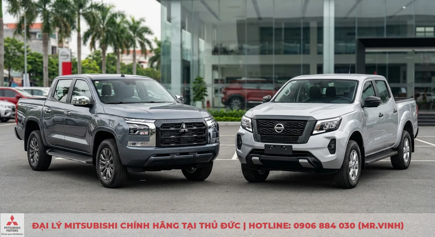 So sánh Mitsubishi Triton 2026 vs Nissan Navara: Thông số, giá lăn bánh dự kiến 2 Hai xe bán tải Mitsubishi Triton màu xám và Nissan Navara màu bạc đỗ cạnh nhau, phía trước tòa nhà kính hiện đại