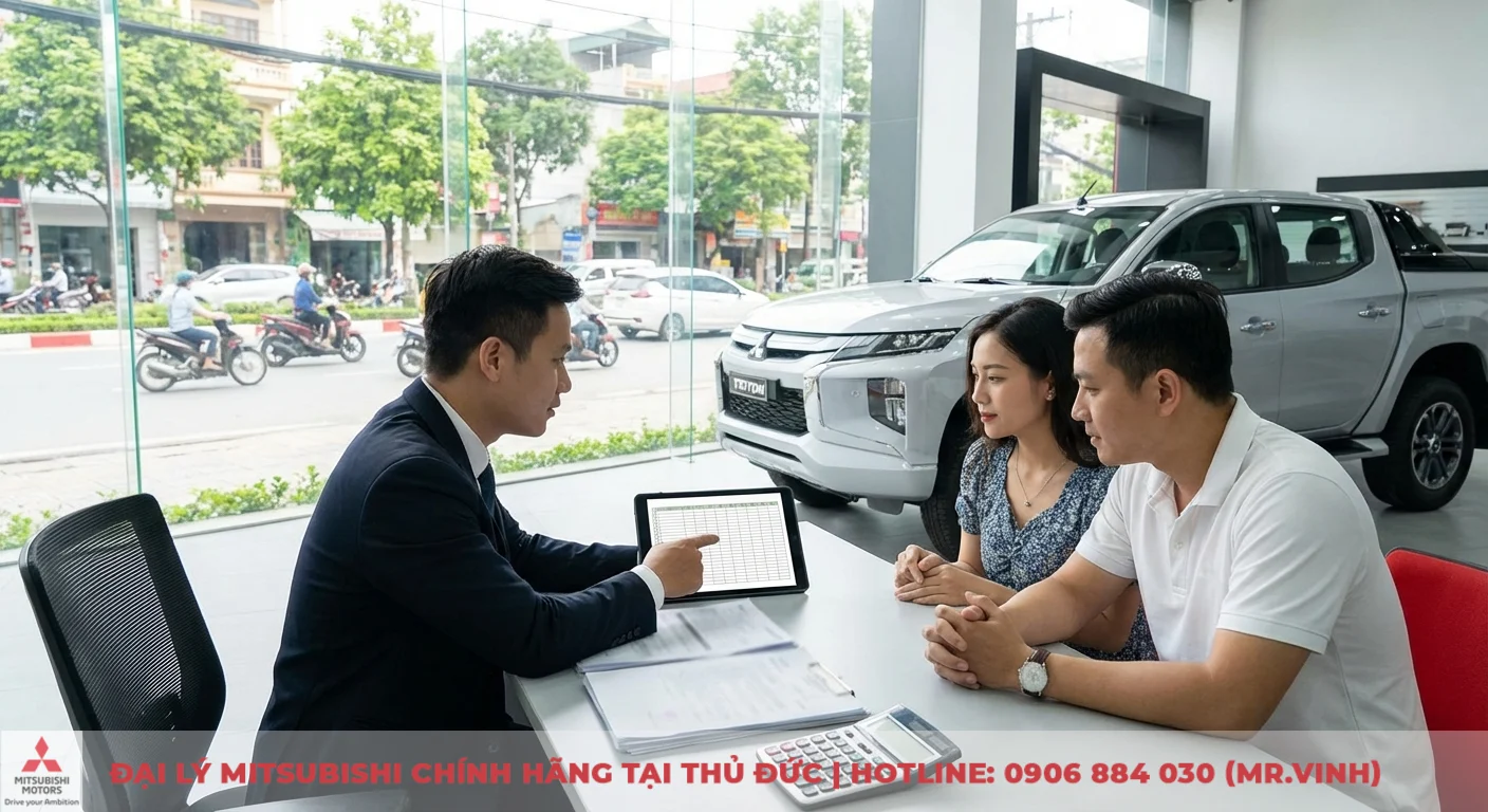 So sánh Mitsubishi Triton 2026 vs Nissan Navara: Thông số, giá lăn bánh dự kiến 3 Nhân viên bán hàng tư vấn cặp đôi về giá lăn bánh xe Mitsubishi Triton trên máy tính bảng hiển thị bảng tính, cùng giấy tờ, máy tính