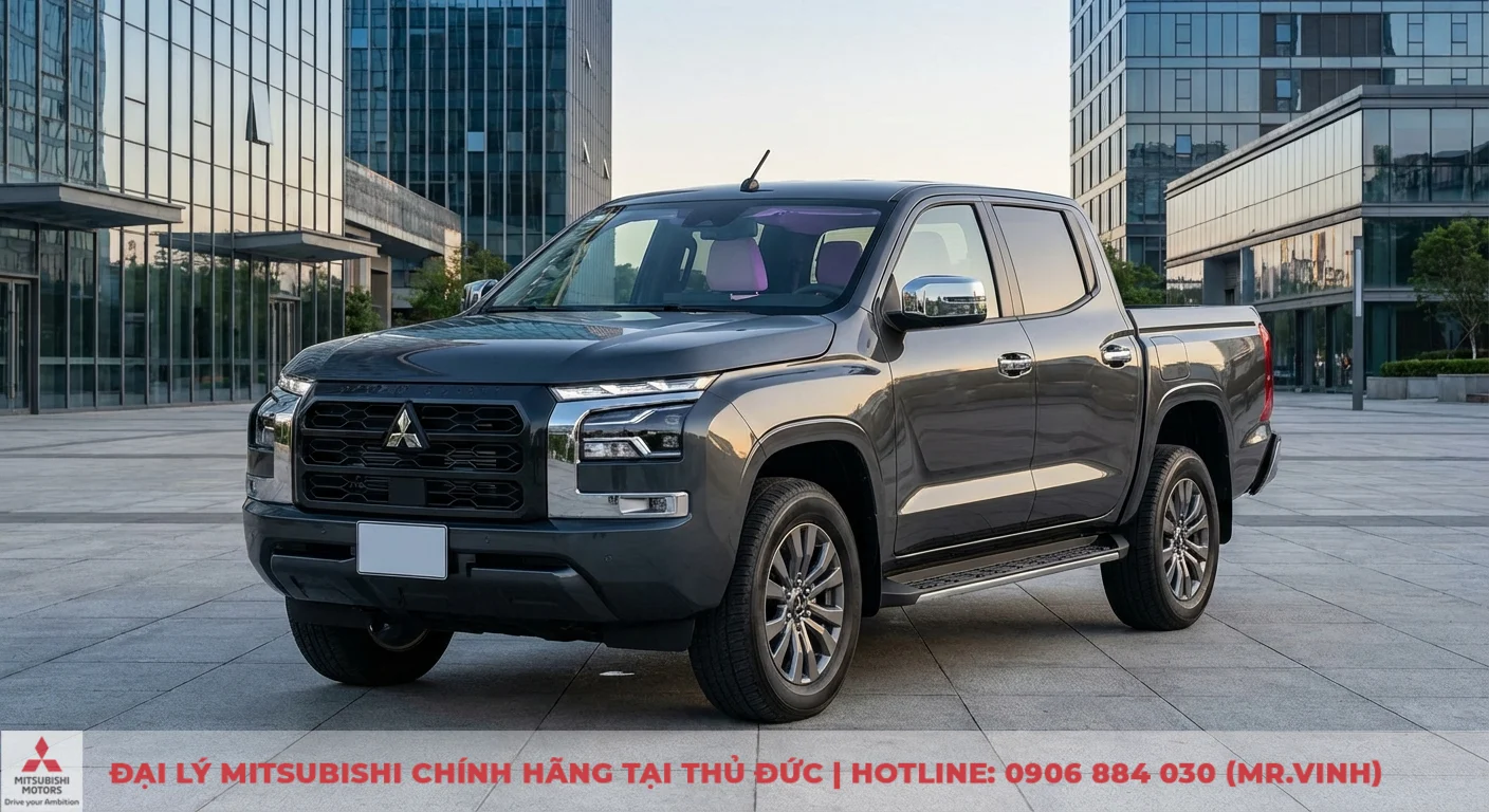 So sánh Mitsubishi Triton 2026 vs Nissan Navara: Thông số, giá lăn bánh dự kiến 4 Xe bán tải Mitsubishi Triton 2026 màu xám đậm với thiết kế hiện đại, lưới tản nhiệt lớn, đèn pha LED, đỗ trước các tòa nhà kính