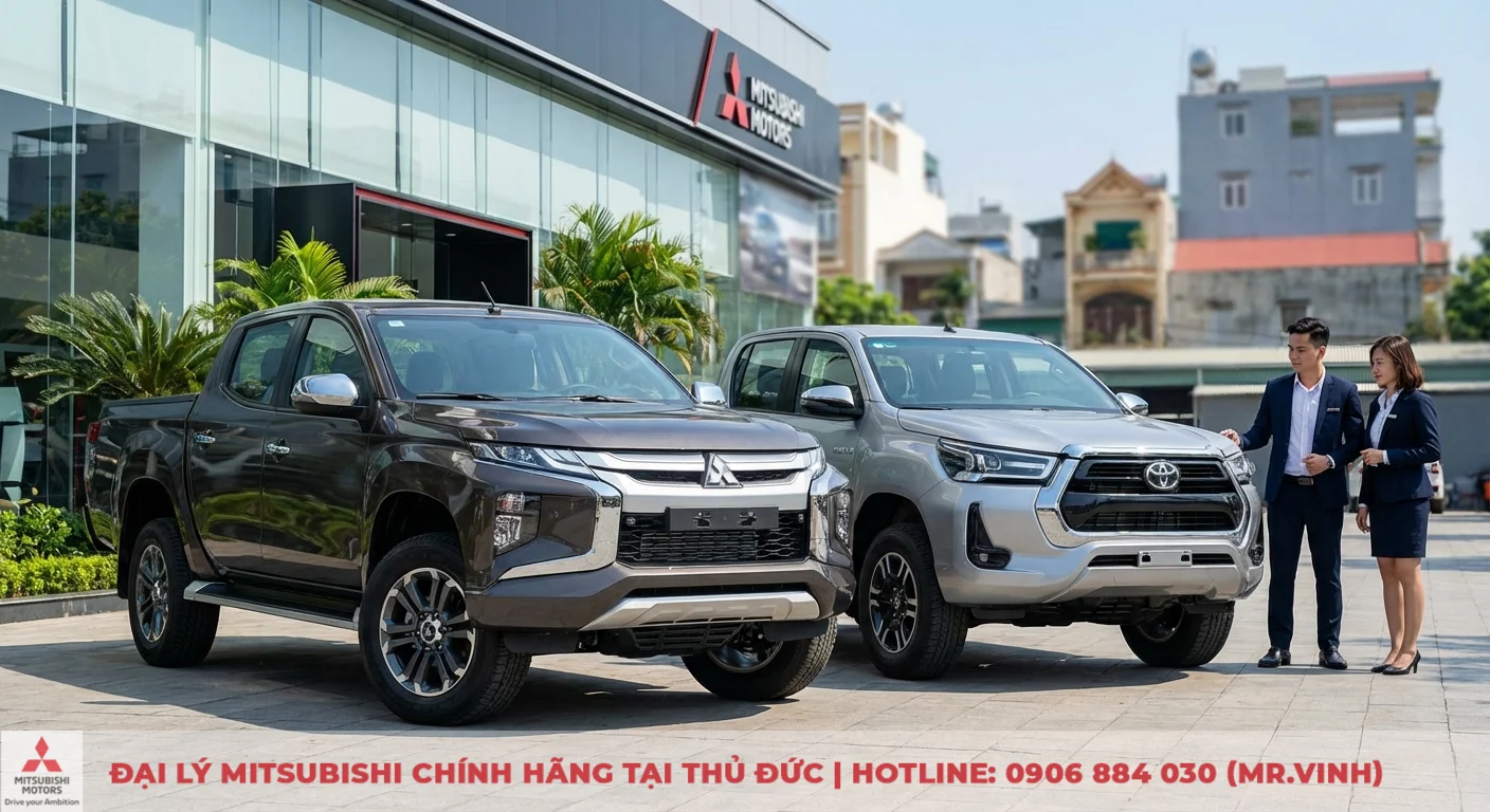 Dự đoán Mitsubishi Triton 2026 vs Toyota Hilux: Thông số & công nghệ 1 Hai xe bán tải Mitsubishi Triton nâu và Toyota Hilux bạc đỗ trước showroom Mitsubishi Motors, có hai nhân viên
