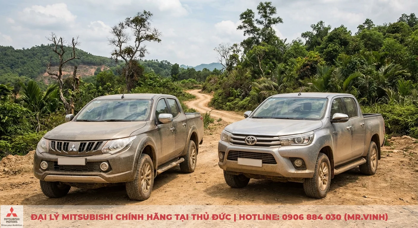 Dự đoán Mitsubishi Triton 2026 vs Toyota Hilux: Thông số & công nghệ 2 Hai xe bán tải Mitsubishi Triton và Toyota Hilux màu xám đỗ trên đường đất giữa khung cảnh rừng núi xanh tươi