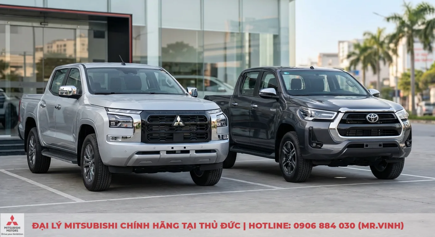 Dự đoán Mitsubishi Triton 2026 vs Toyota Hilux: Thông số & công nghệ 3 Hai chiếc bán tải Mitsubishi Triton màu bạc và Toyota Hilux màu xám đỗ trong bãi đậu xe trước tòa nhà kính