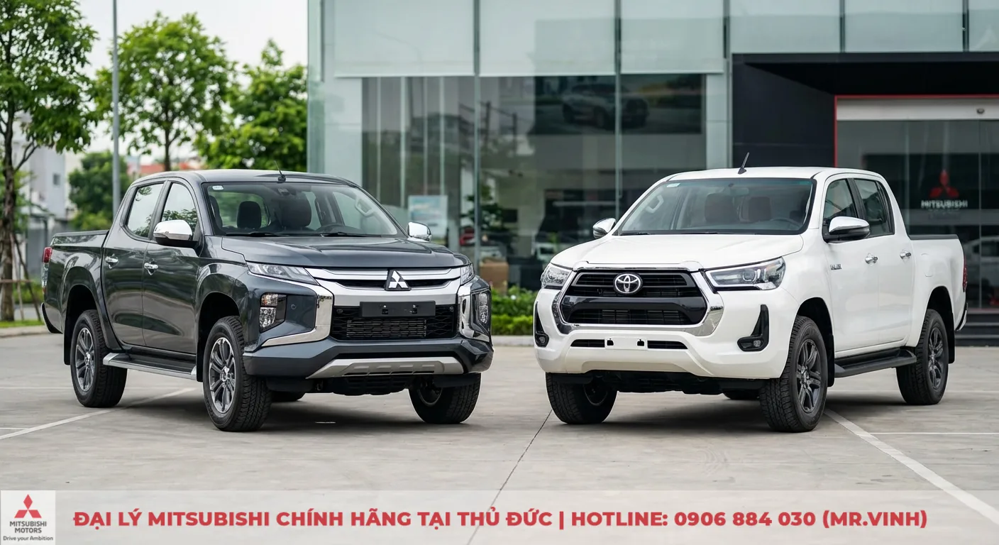 Dự đoán Mitsubishi Triton 2026 vs Toyota Hilux: Thông số & công nghệ 4 Hai xe bán tải Mitsubishi Triton màu xám và Toyota Hilux màu trắng đỗ cạnh nhau trước đại lý Mitsubishi