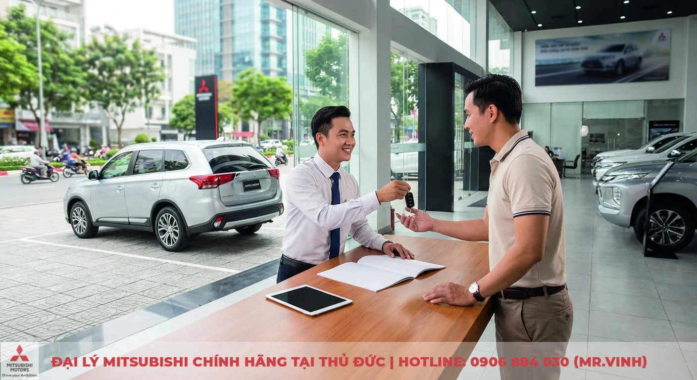 Dự đoán Mitsubishi Triton 2026 vs Toyota Hilux: Thông số & công nghệ 5 Nhân viên Mitsubishi trao chìa khóa xe cho khách tại showroom, cạnh bàn có máy tính bảng, xe SUV bạc đỗ ngoài và các xe mới trưng bày