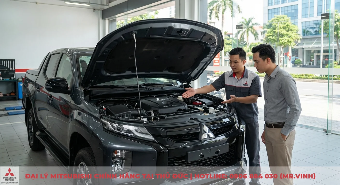 Mitsubishi Triton 2WD AT Athlete 2026: Thông số, giá lăn bánh & đánh giá 2 Thợ máy Mitsubishi chỉ động cơ MIVEC của xe bán tải Triton màu xám đậm, giải thích cho khách hàng tại đại lý