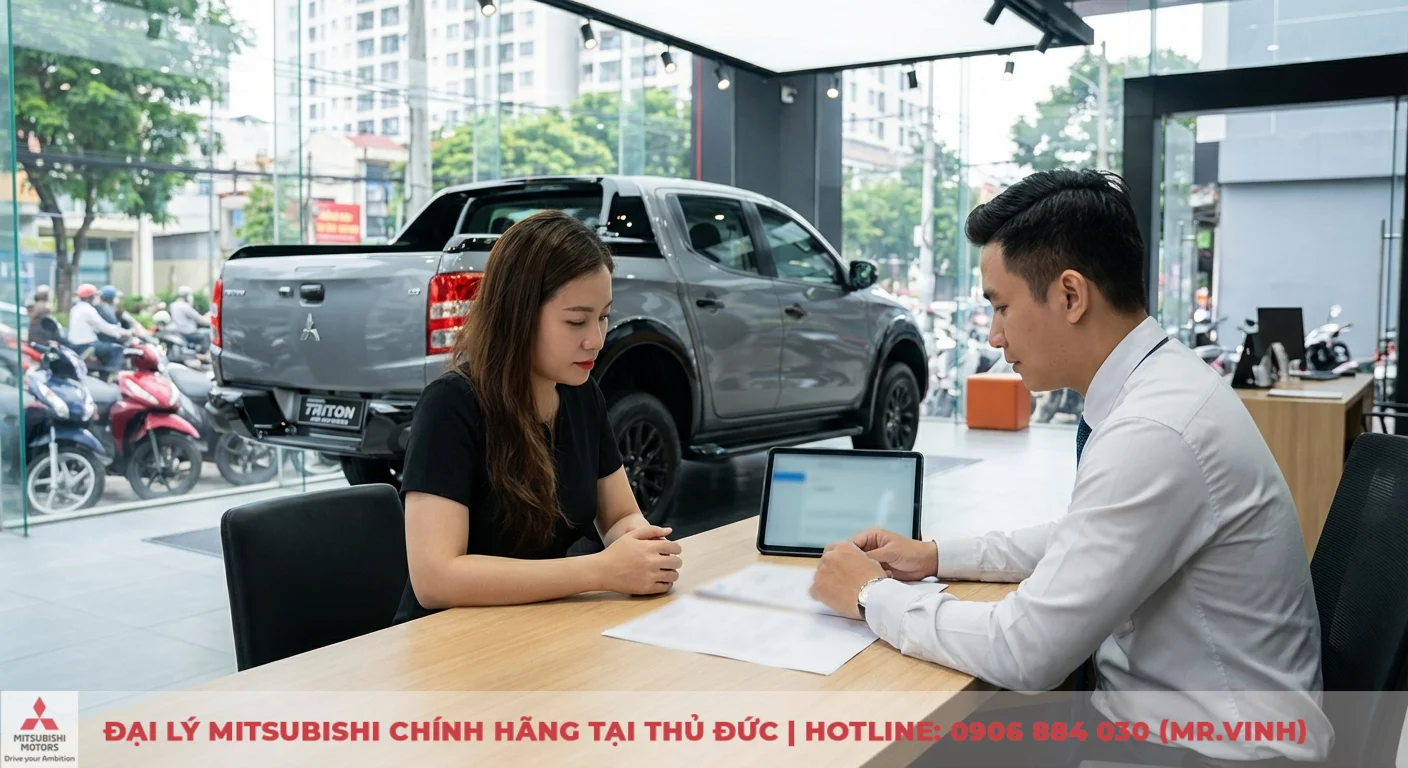 Mitsubishi Triton 2WD AT Athlete 2026: Thông số, giá lăn bánh & đánh giá 3 Cảnh trong showroom ô tô, nam nhân viên tư vấn đang đối diện khách hàng nữ bên bàn gỗ, phía sau là xe Mitsubishi Triton