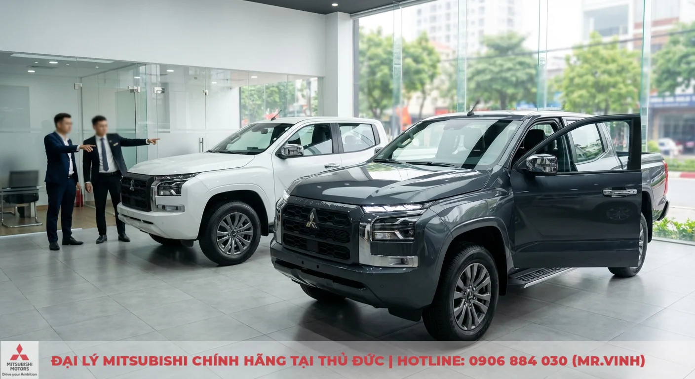 Mitsubishi Triton 2WD AT Athlete 2026: Thông số, giá lăn bánh & đánh giá 4 Phòng trưng bày ô tô trưng bày hai xe bán tải Mitsubishi Triton: một phiên bản xám mới cửa mở và một trắng cũ, hai người đàn ông chỉ tay